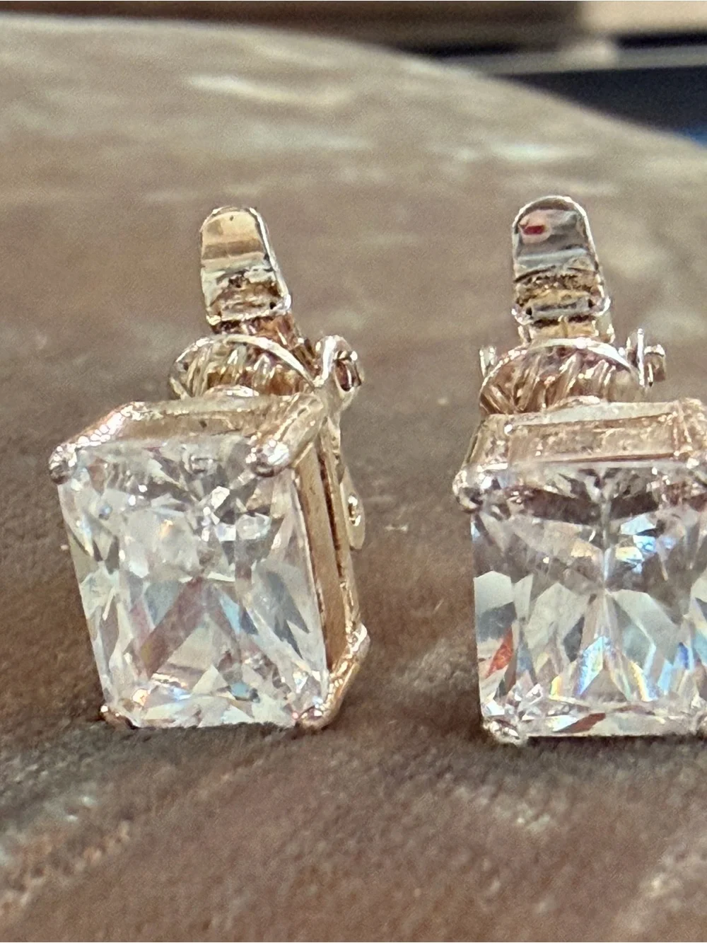 Vintage Clear Crystal Square Drop Clip On Earrings Silver Tone-1068
